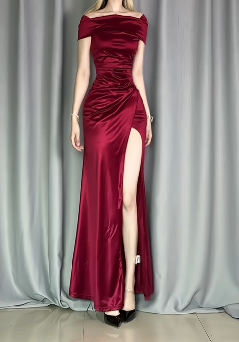 Pretty Burgundy Off The Shoulder Satin Pleated Mermaid Party Dress Long Slit Evening Gowns D2486