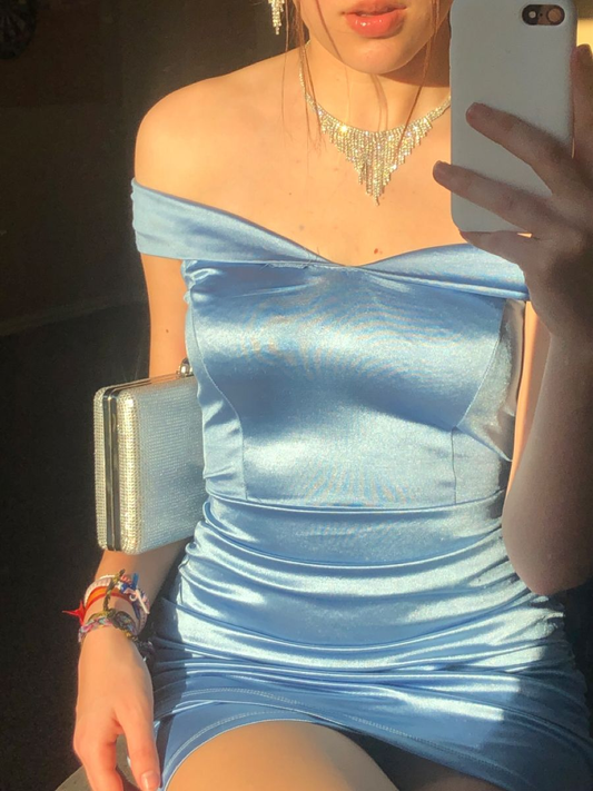 Fashion Off The Shoulder Satin Mini Birthday Outfits,Blue Sheath Short 8th Grade Homecoming Dress D2828
