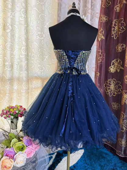 Sparkly Sweetheart Neck Blue Tulle Beaded A Line Short Prom Dress Formal Homecoming Dress D316