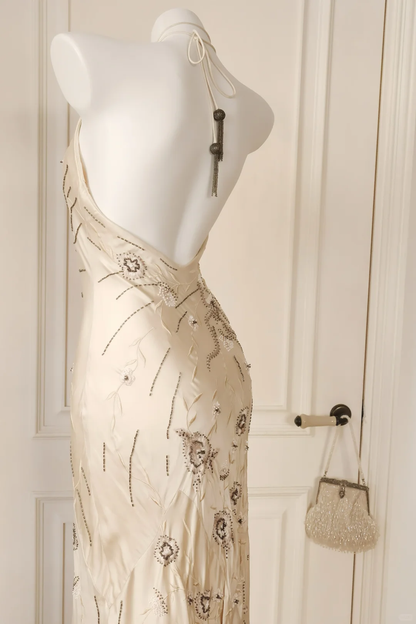 Stylish Halter V Neck Satin Embroidery Beaded Mermaid Evening Dress Backless Long Prom Gown D2718