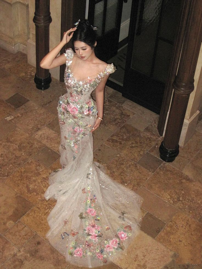 Glamorous Silver Tulle Sequin Beaded Butterfly Appliques Mermaid Long Wedding Dress Formal Bridal Dress D1978