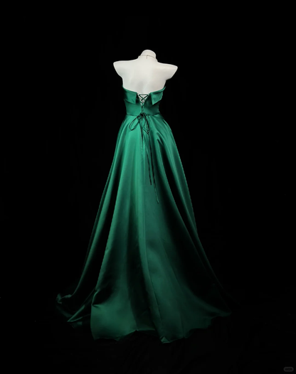 Vintage Strapless Satin A Line Long Wedding Guest Dress Green Birthday Evening Dress Prom Gowns D2518