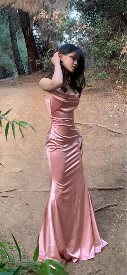 Elegant Spaghetti Straps Pink Satin Mermaid Party Dress Long Wedding Guest Dress D2863