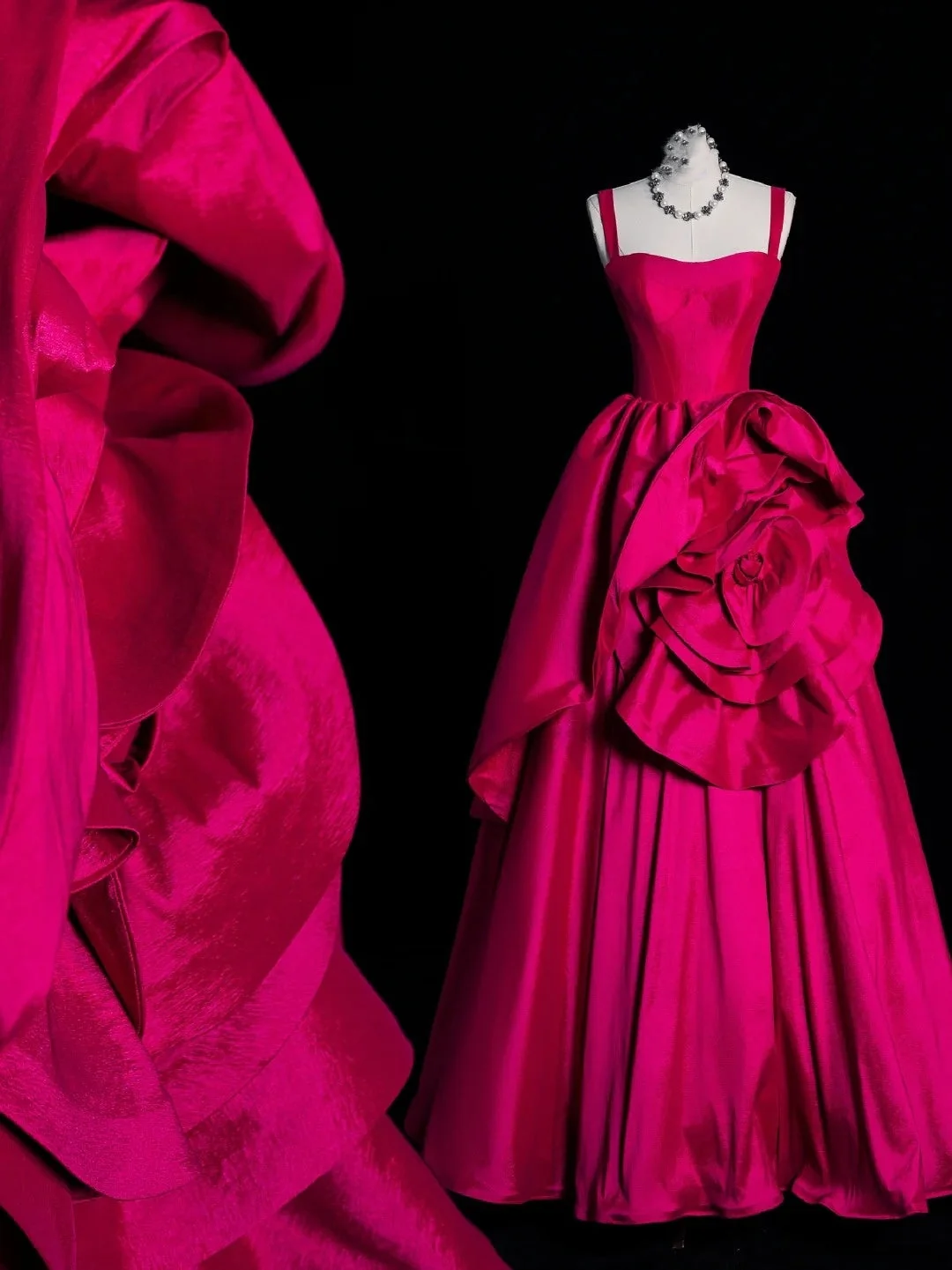 Modest Ball Gown Spaghetti Straps Hot Pink Satin Long Evening Dresses Party Dress D4424