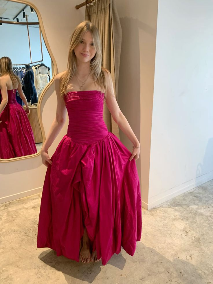 Pretty Fuchsia Strapless Satin Pleated Long Evening Dress Birthday Prom Dress D5028
