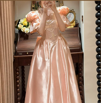 Cute Pink Ball Gown Satin Beaded Long Party Dress Prom Gown With Bow D2041