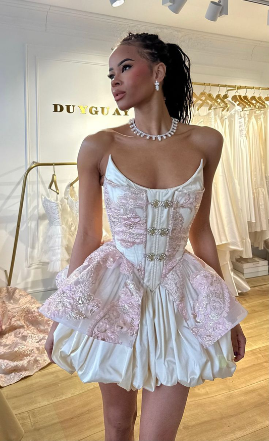 Gorgeous Strapless Satin Lace A Line Short Party Dress Formal Homecoming Dress Birthday Dress D508