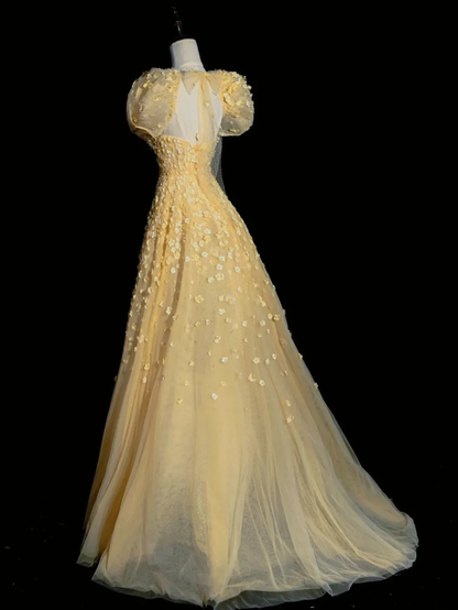 Princess Ball Gown Sweetheart Yellow Tulle Floral Long Prom Dresses Party Dress D4526