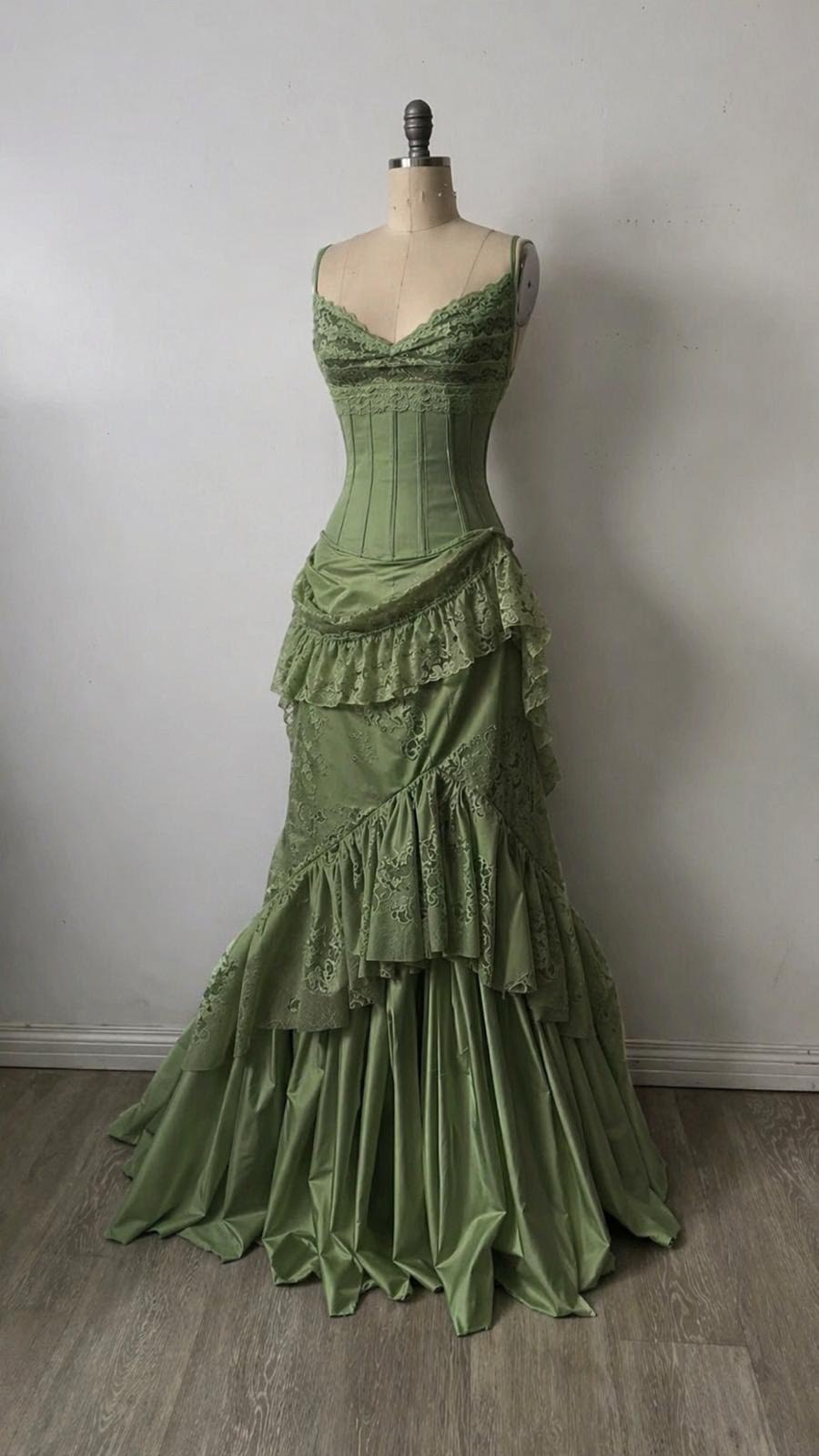 Vintage Spaghetti Strap Satin Pleated Lace Ruffles Mermaid Evening Dress Green Long Party Dress D4746