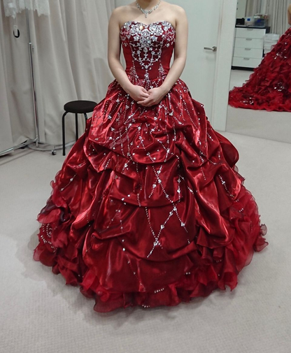 Vintage Strapless Burgundy Satin Pleated Beaded Ball Gown Sweet 16 Dress D928