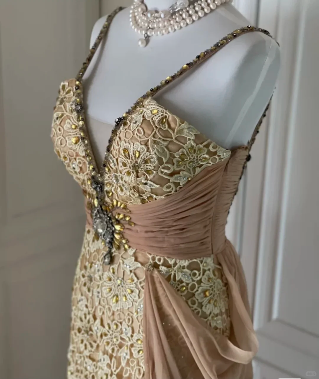 Vintage Spaghetti Straps Lace Chiffon Beaded Mermaid Evening Dress Long Prom Gown D3100