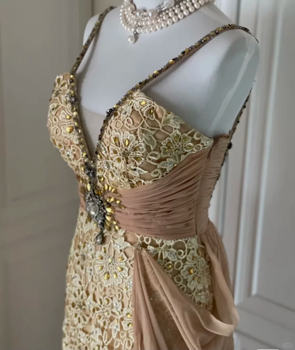 Vintage Spaghetti Straps Lace Chiffon Beaded Mermaid Evening Dress Long Prom Gown D3100