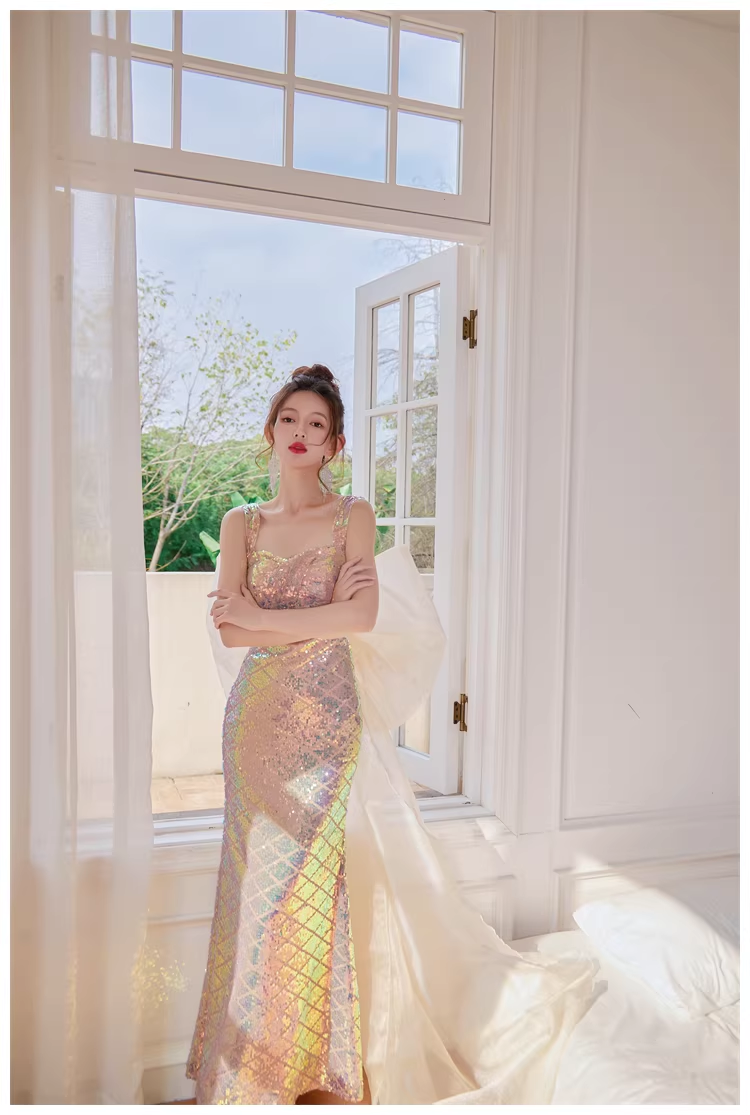 Glitter Spaghetti Straps Sequin Mermaid Long Party Dress Evening Gown With Bow D2448