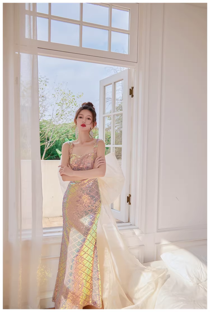 Glitter Spaghetti Straps Sequin Mermaid Long Party Dress Evening Gown With Bow D2448