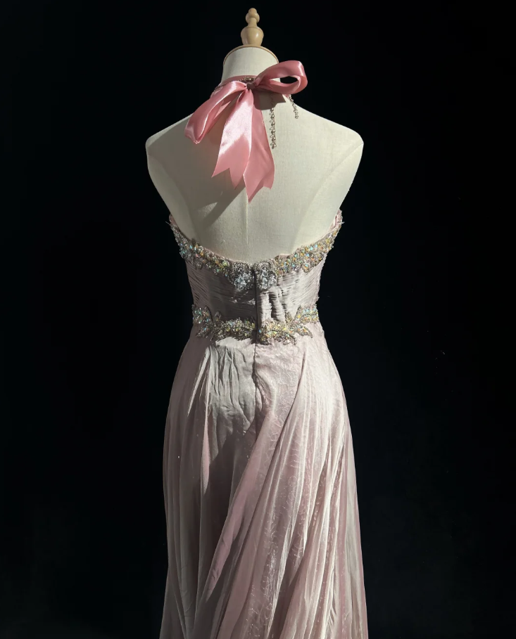 Glamorous Pink Halter Satin Lace Beaded Mermaid Evening Dress Long Birthday Prom Dress Party Gown D2069