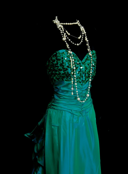 Chic Sweetheart Neck Green Satin Pleated With Sequined Bodice Mermaid Long Prom Dresses Party Dress D4511