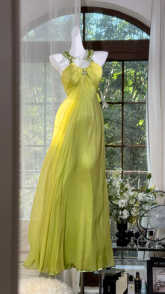 Pretty Halter Lemon Green Chiffon Beaded A Line Long Party Dress Backless Evening Dress D2933