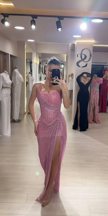 Glamorous Pink Sequin Slit Sheath Long Prom Dress Strapless Long Party Gown D5124