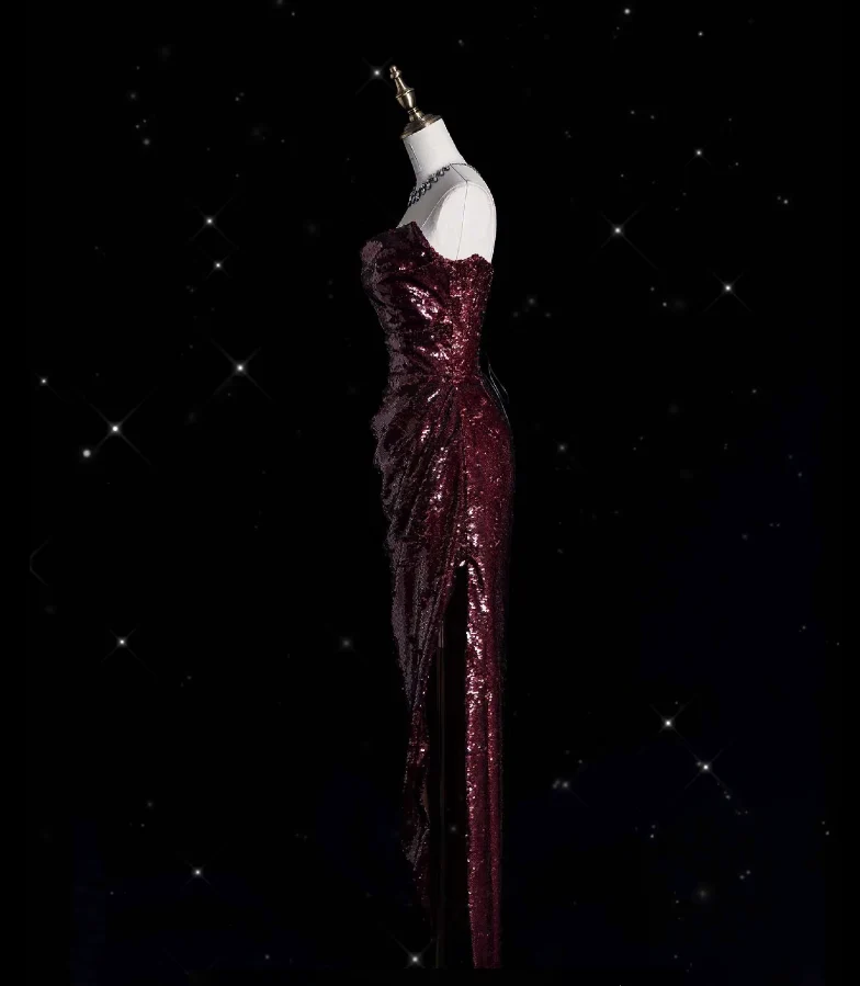 Sparkly Strapless Sheath Sequin Slit Long Wedding Guest Dress Burgundy Long Party Dress Evening Gown D4898