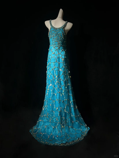 Gorgeous V Neck Blue Satin Tulle Beaded mermaid Long Party Dress Evening Dress D5076