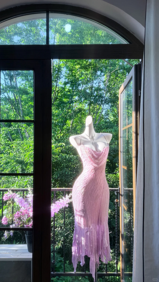 Classy Spaghetti Straps Chiffon Beaded Mermaid Party Dress Lilac Backless Long Prom Dress Birthday Dress D2523