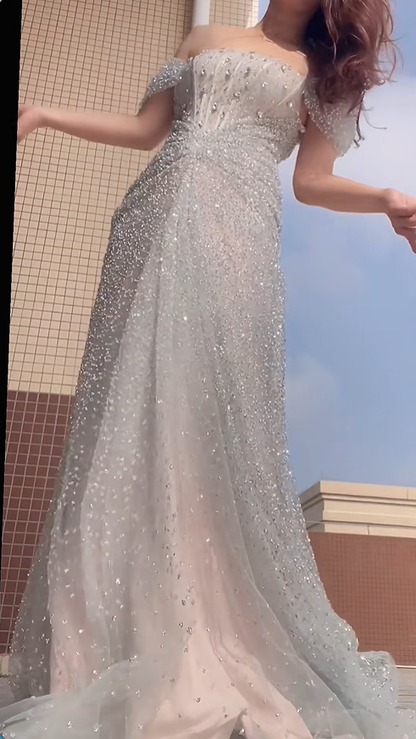 Sparkly Silver Tulle Sequin Beaded Mermaid Long Evening Dress Off The Shoulder Birthday Party Dress D2030