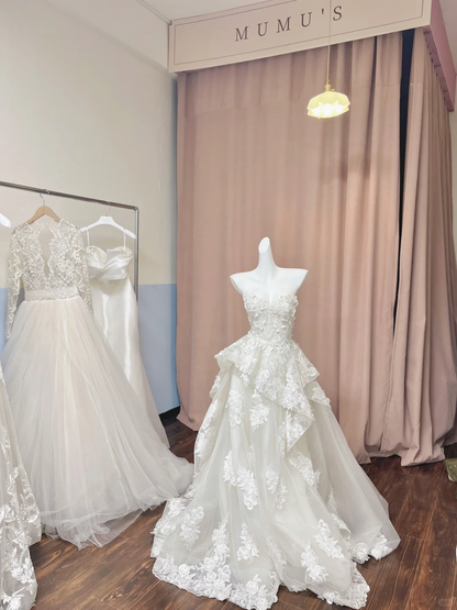 Elegant Strapless Tulle Lace Appliques Long Wedding Dress White Bridal Gowns D3072