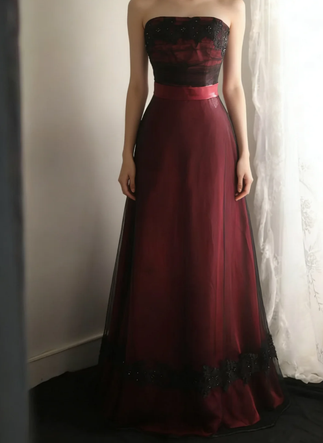 Vintage Burgundy Strapless Satin Tulle Appliques Mermaid Long Party Dress Evening Gown D2200