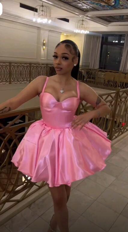 Pretty Spaghetti Straps Satin Short Graduation Homecoming Dress Pink Short Birthday Dress D4452