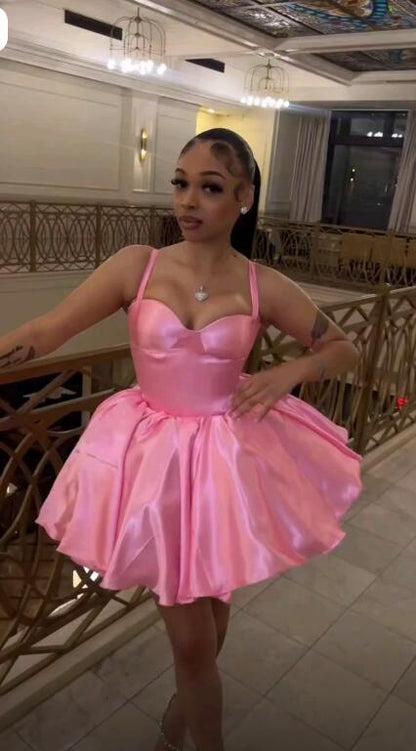 Pretty Spaghetti Straps Satin Short Graduation Homecoming Dress Pink Short Birthday Dress D4452