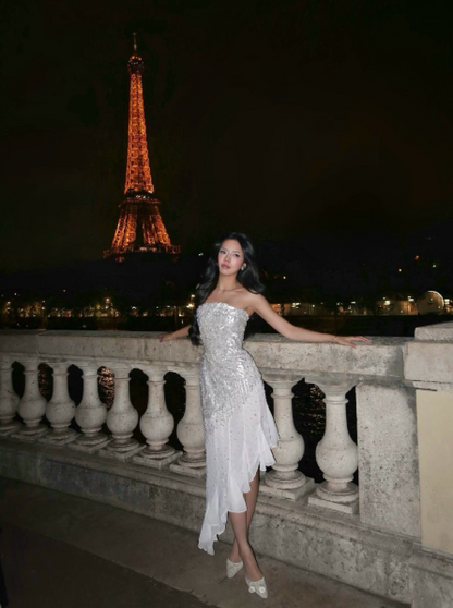 Charming Strapless White Chiffon Silver Sequin Mermaid Long Evening Dress Prom Dress D5303
