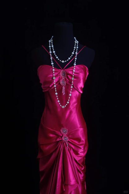 Pretty Spaghetti Straps Hot Pink Satin Beaded Mermaid Long Party Dress Birthday Dress D2849