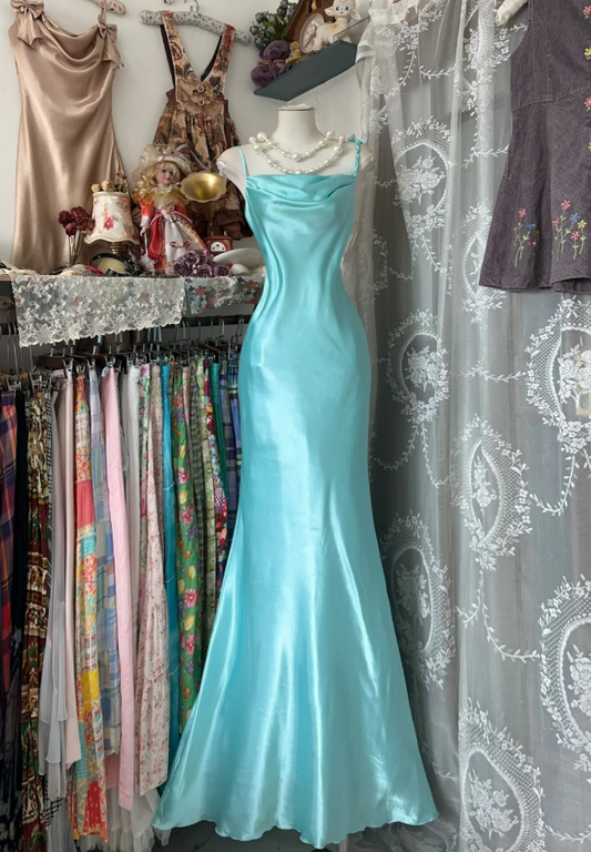 Vintage Spaghetti Strap Blue Satin Mermaid Evening Dress Prom Dress D1241