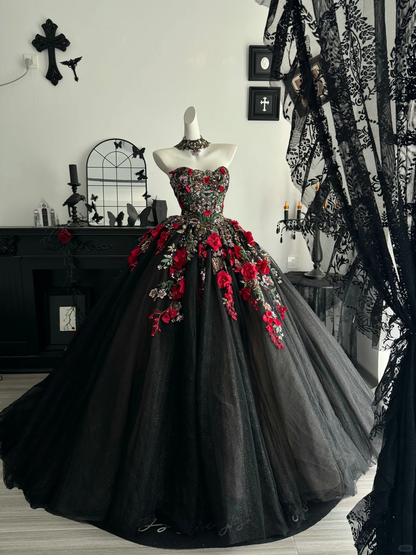Pretty Black Quinceanera Dress Strapless Tulle Sequin Beaded Floral Sweet 16 Dress With Appliques D4717