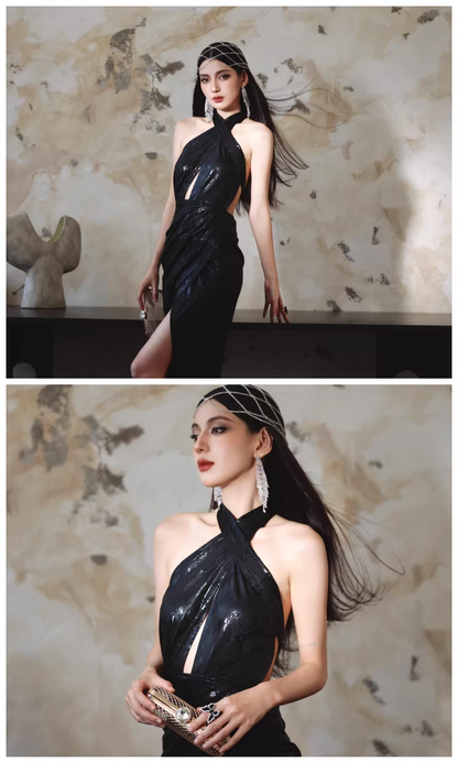 Sexy Black Halter High Slit Sheath Long Evening Dress Backless Prom Gowns D2412