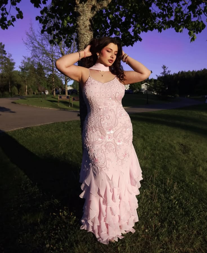 Classy Pink Chiffon Beaded Mermaid Long Party Dress Evening Dresses D5112