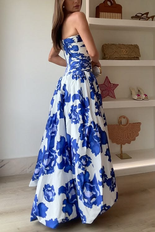 Charming Pink Strapless Satin Pleated Printed Floral Long Prom Dress Birthday Evening Dress D4783