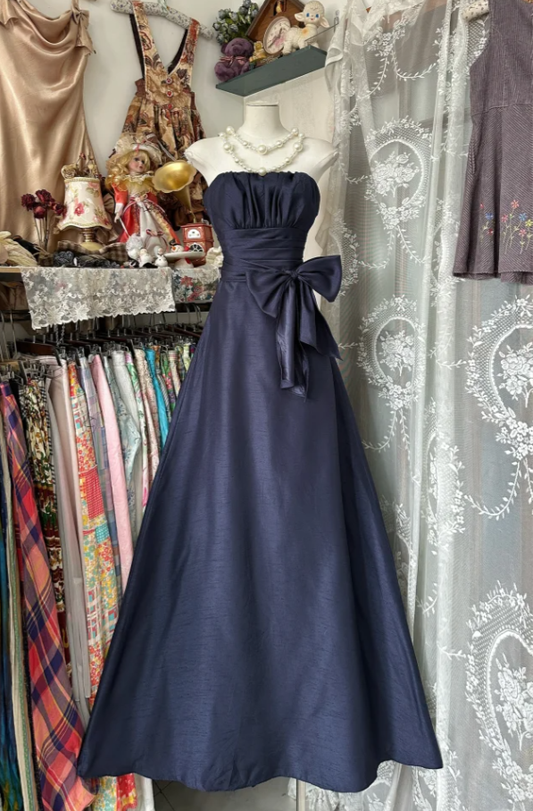 Elegant Navy Blue Strapless Satin Bow A Line Long Wedding Guest Dress Party Dress D1651