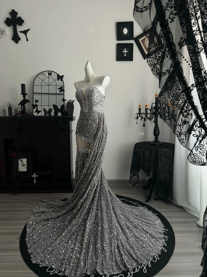 Sparkly Strapless Velvet Sequin Rhinestones Mermaid Long Party Dress,Gray Birthday Evening Dress D3710