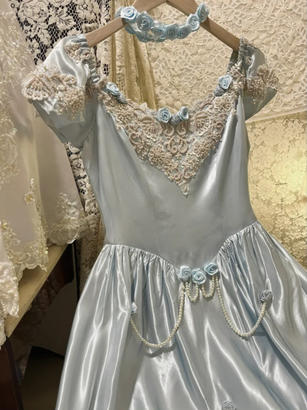 Fairy Blue Ball Gown Off The Shoulder Satin Long Birthday Party Dress With 3D Flowers Dress D21113