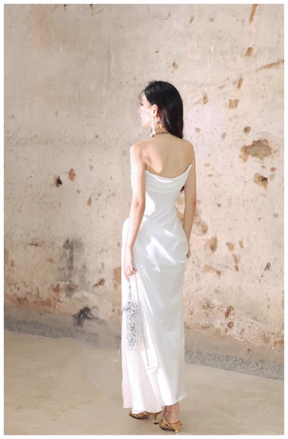 Charming Strapless Satin Pleated Mermaid Long Evening Dress White 19th Birthday Outfits D2410