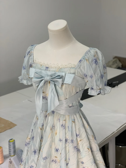 Cute Blue Chiffon Printed Floral A Line Short Prom Dress Formal Graduation Homecoming Dress D107