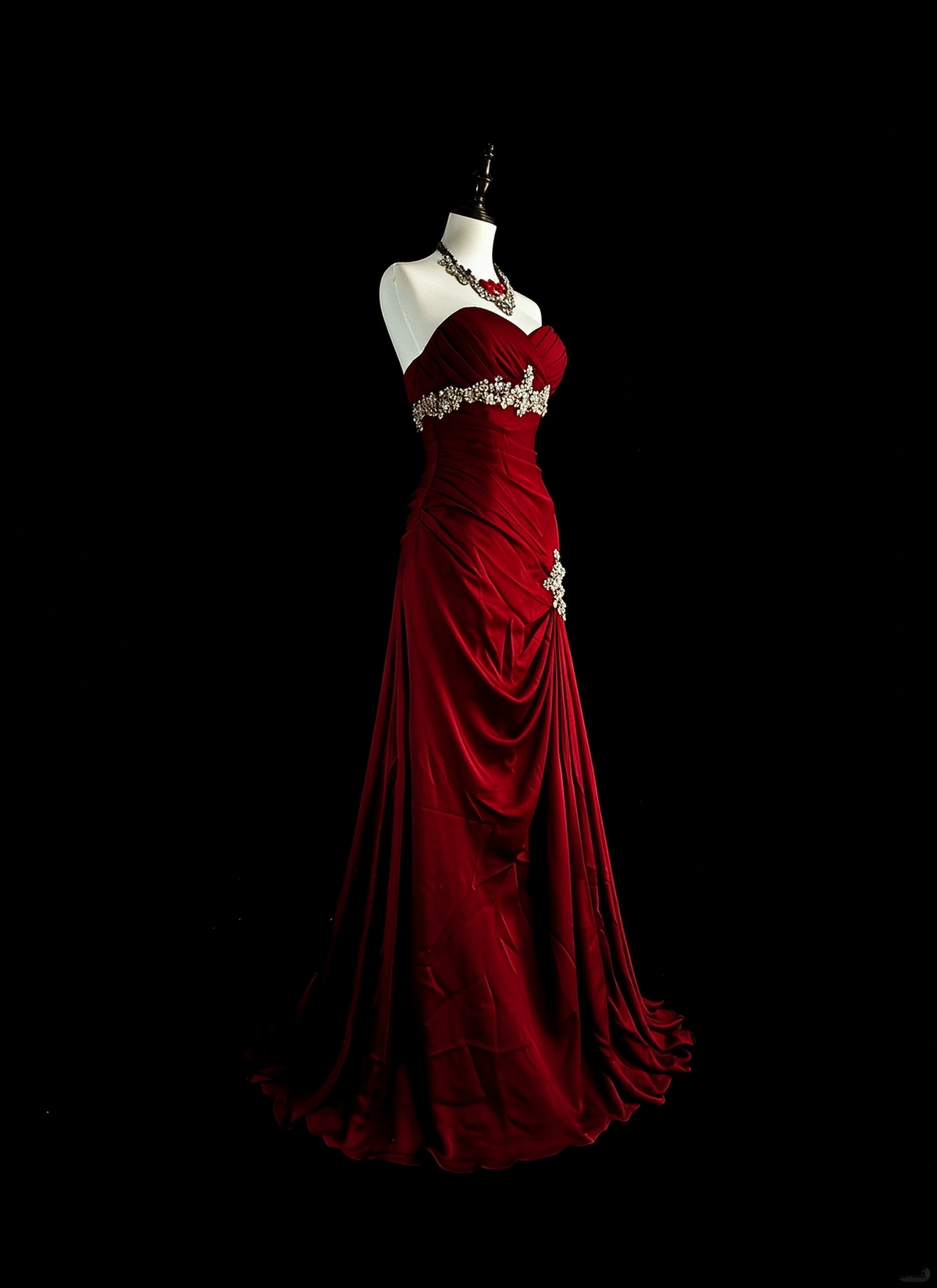 Vintage Sweetheart Neck Satin Pleated Beaded Evening Dress Burgundy Mermaid Long Party Dress D5378