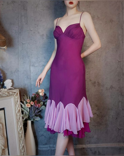 Vintage Spaghetti Straps Purple Satin Mermaid Evening Dress Long Wedding Guest Dress D1421