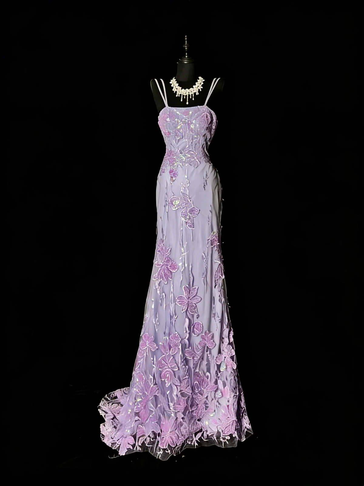 Pretty Spaghetti Straps Lilac Tulle Sequin Lace Appliques Mermaid Long Party Dress Birthday Evening Dress D4884