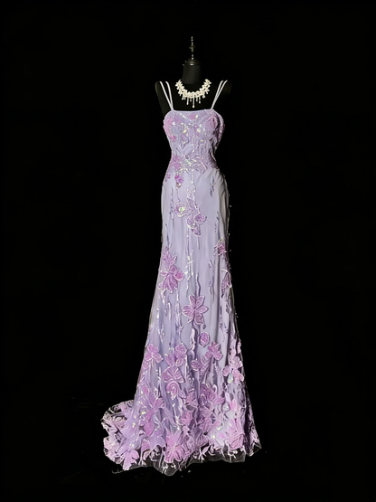 Pretty Spaghetti Straps Lilac Tulle Sequin Lace Appliques Mermaid Long Party Dress Birthday Evening Dress D4884