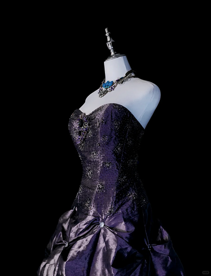 Vintage Purple Strapless Satin Beaded Long Party Dress Evening Dress D5371