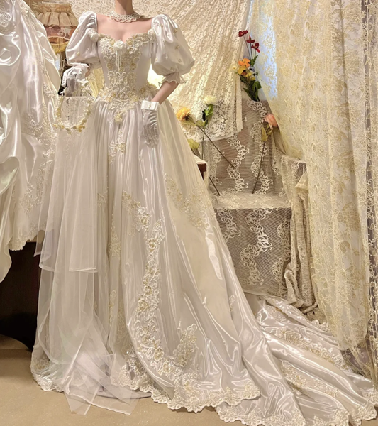 Charming Off The Shoulder White Satin Beaded Long Wedding Dress Bridal Gowns With Gloves D2032