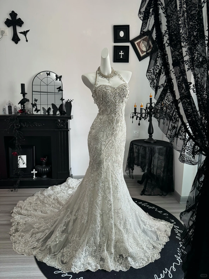 Shiny Halter White Tulle Sequin Beaded Mermaid Wedding Dress Long Bridal Dress D3699