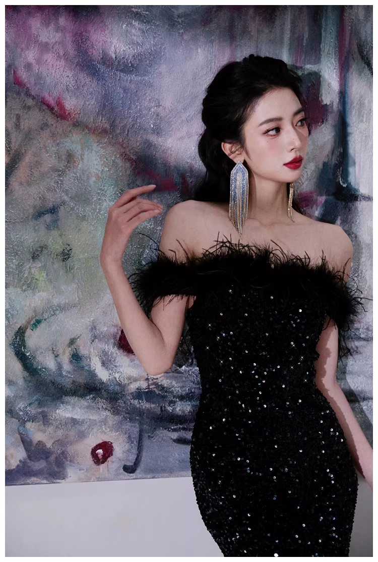 Glamorous Feathers Strapless Black Sequin Slit Mermaid Evening Dress Long Birthday Party Dress D2455